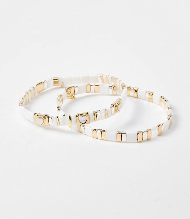 Heart Mother Of Pearl Chicklet Bracelet Set