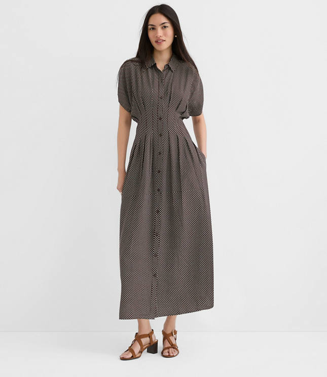 Pindot Pleated Midi Pocket Shirtdress
