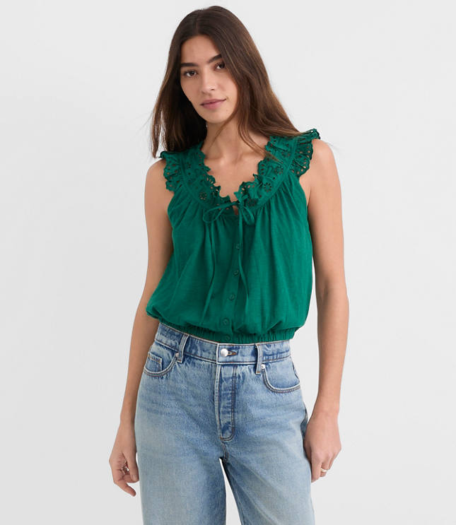 Petite Eyelet Ruffle Tie Neck Button Top