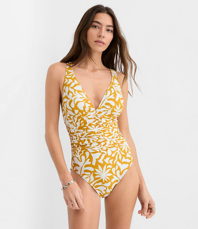LOFT Beach Palm Ruched Crossback One Piece Swimsuit
