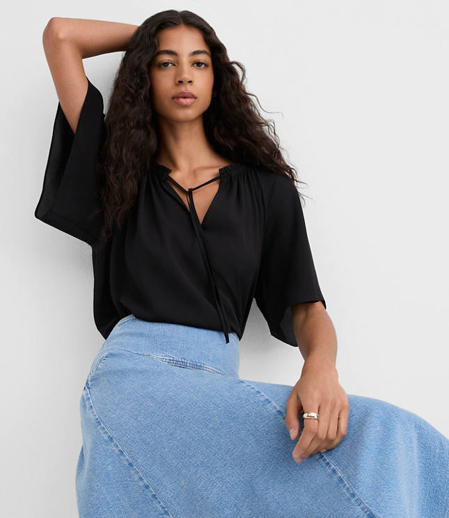 Shirred Ruffle Tie Neck Blouse