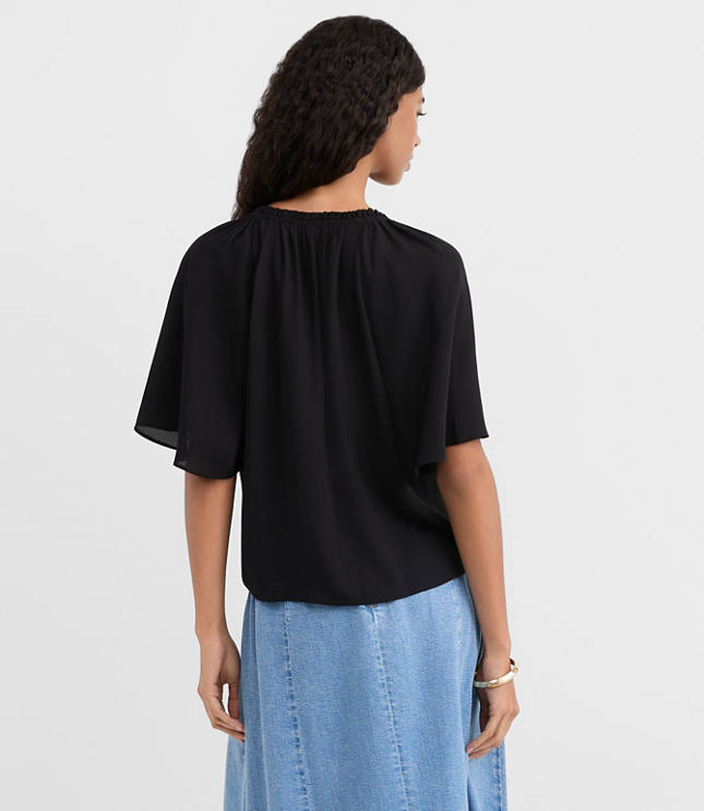 Shirred Ruffle Tie Neck Blouse