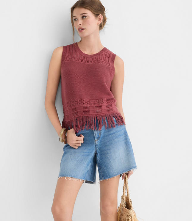 Fringe Pointelle Sweater Tank Top