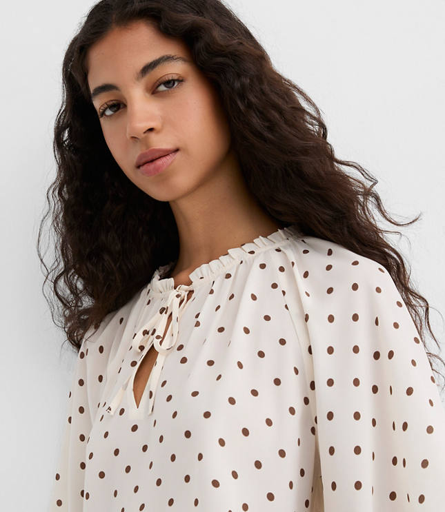 Dotted Ruffle Cuff Tie Neck Blouse