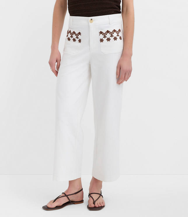 Palmer Wide Leg Crop Pants in Embroidered Twill
