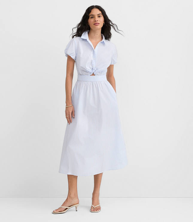 Petite Striped Poplin Twist Midi Pocket Shirtdress