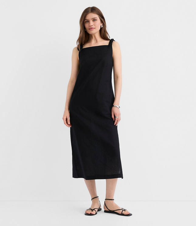 Linen Cotton Tie Boatneck Midi Dress