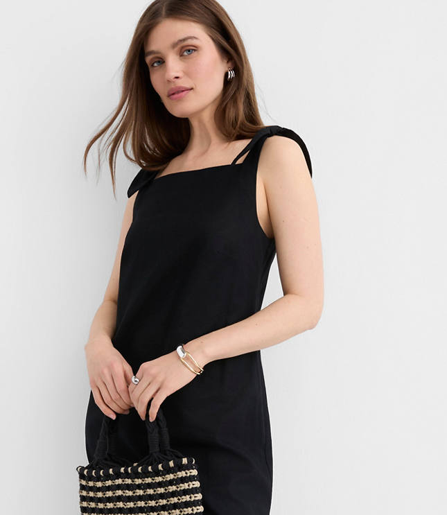 Linen Cotton Tie Boatneck Midi Dress