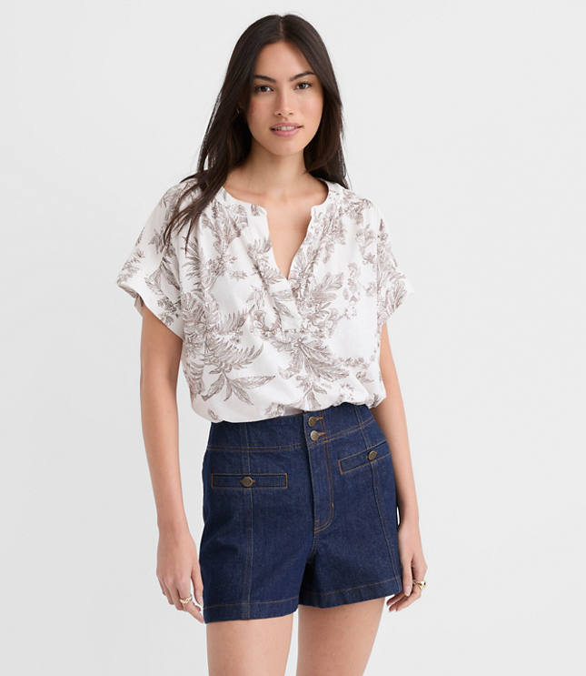 Floral Toile Split Neck Mixed Media Top