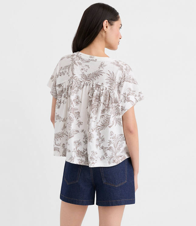 Floral Toile Split Neck Mixed Media Top