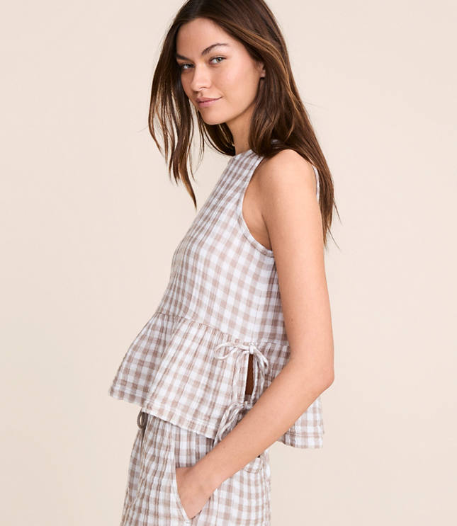Lou & Grey Checkered Triple Cloth Side Tie Peplum Top