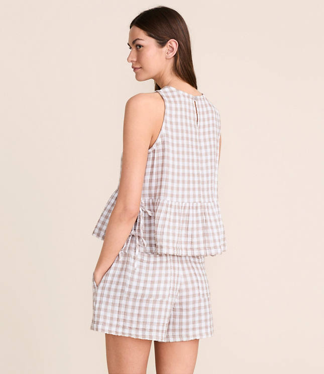 Lou & Grey Checkered Triple Cloth Side Tie Peplum Top