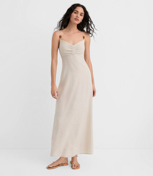 LOFT Beach Beaded Ruched Linen Cotton Maxi Dress