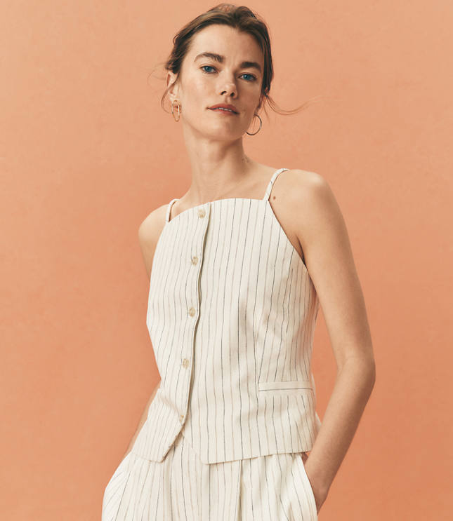 Petite Pinstripe Cotton Linen Strappy Vest Top