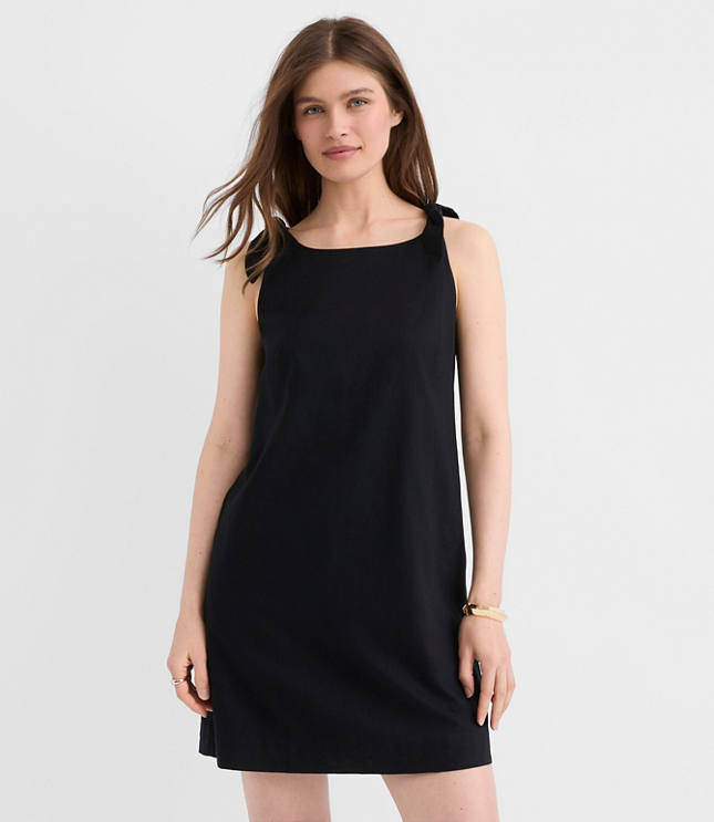 Linen Cotton Tie Boatneck Mini Dress