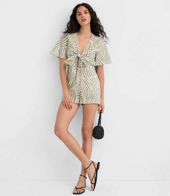 LOFT Beach Wave Tie Front Linen Cotton Romper