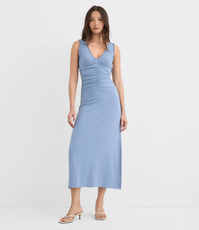 Petite Ruffle Double V Ruched Midi Dress