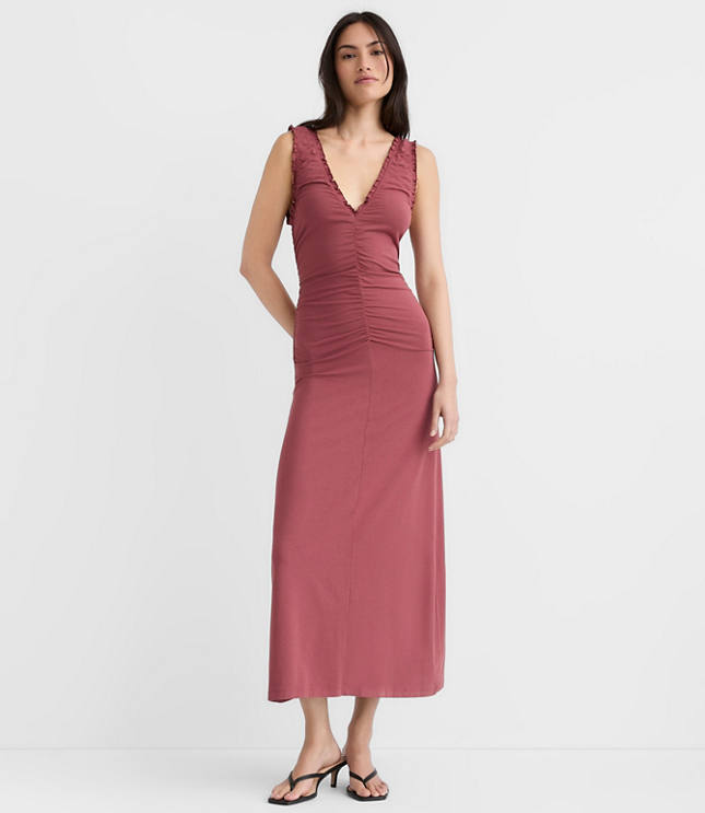 Petite Ruffle Double V Ruched Midi Dress