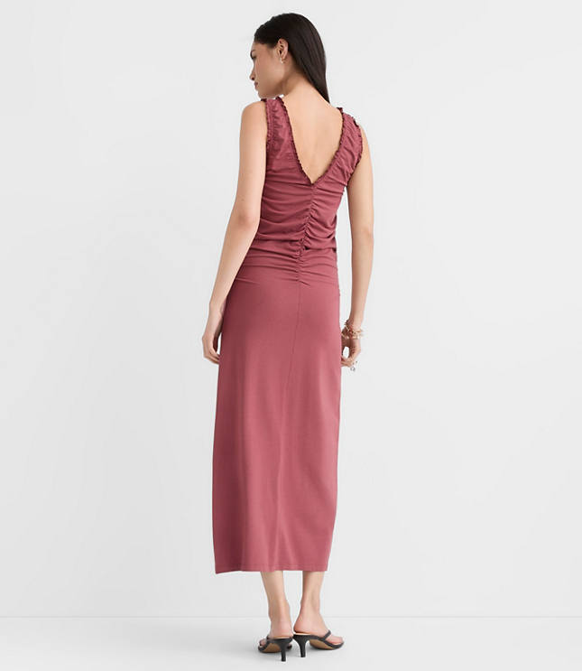 Petite Ruffle Double V Ruched Midi Dress