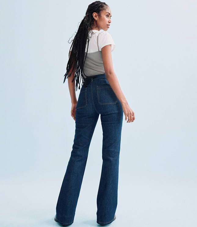 Rivete Short Patch Pocket High Rise Slim Flare Jeans in Classic Rinse Wash