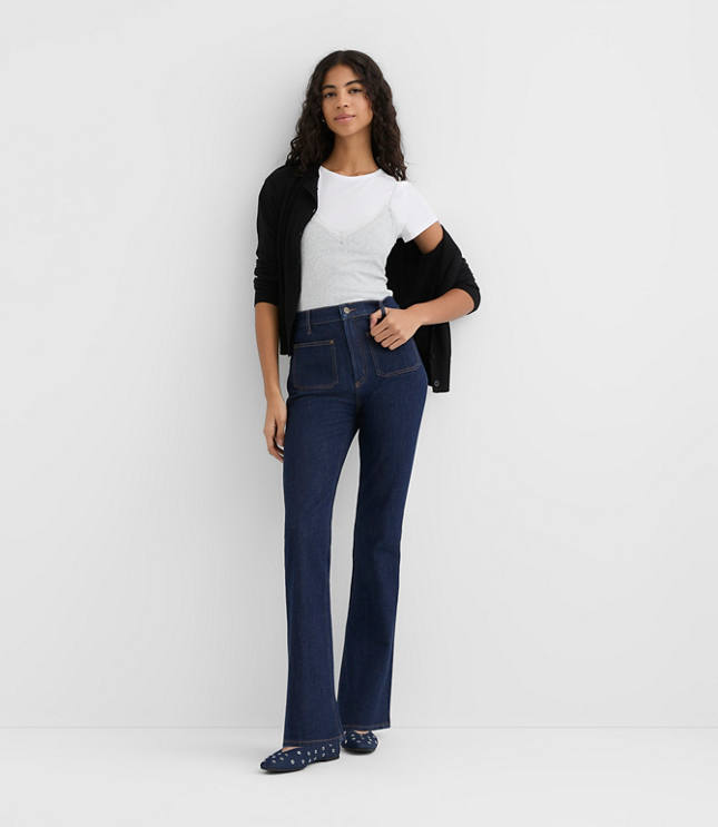 Rivete Short Patch Pocket High Rise Slim Flare Jeans in Classic Rinse Wash