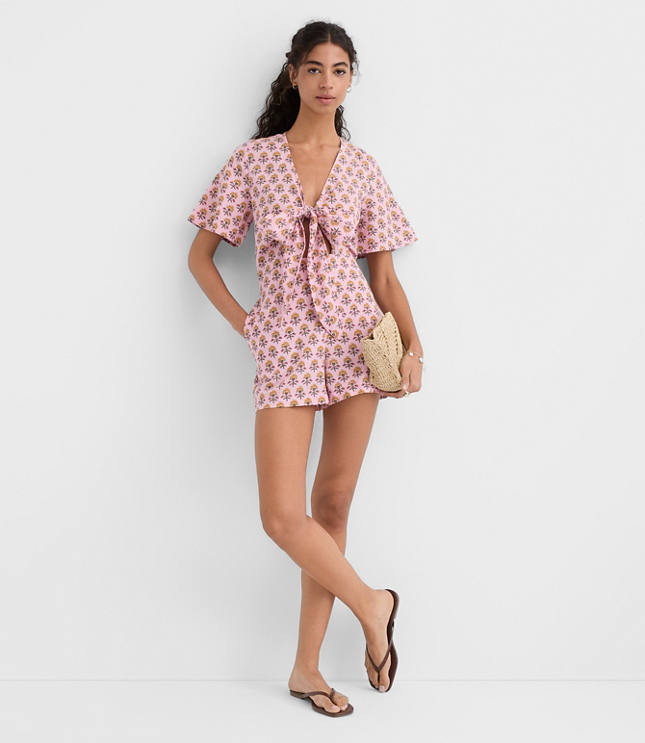 LOFT Beach Garden Tie Front Linen Cotton Romper