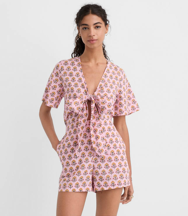 LOFT Beach Garden Tie Front Linen Cotton Romper
