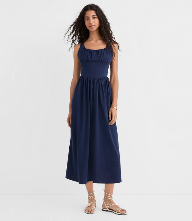 Seamed Waist Square Neck Midi Dress