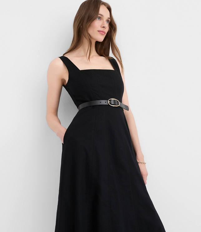 Linen Cotton Seamed Midi Pocket Dress