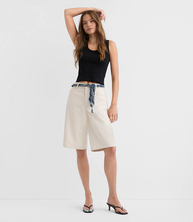 Rivete High Rise Denim Bermuda Shorts in Ivory carousel Product Image 2