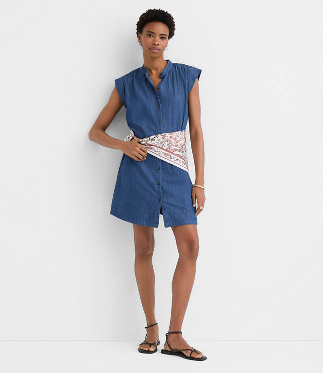 Petite Chambray Shirred Mini Pocket Dress