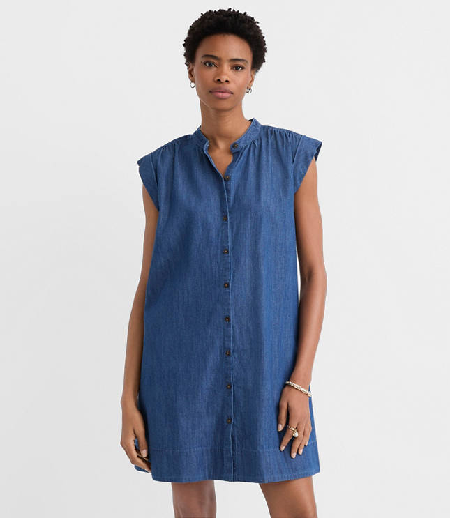 Petite Chambray Shirred Mini Pocket Dress