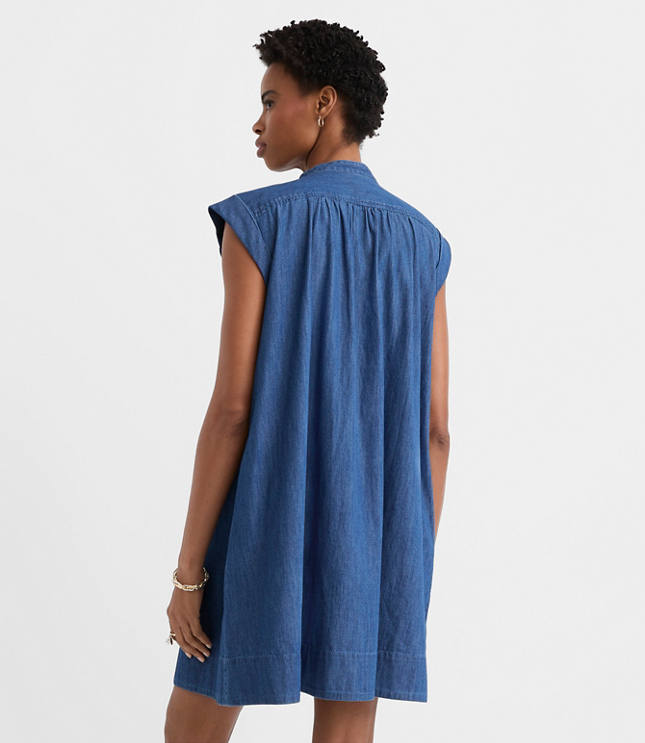 Petite Chambray Shirred Mini Pocket Dress