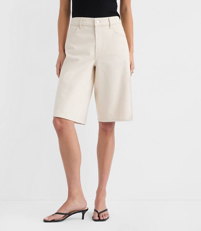 Rivete Petite High Rise Denim Bermuda Shorts in Ivory carousel Product Image 2