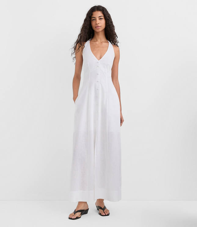 Petite Linen Cotton Midi Pocket Halter Dress