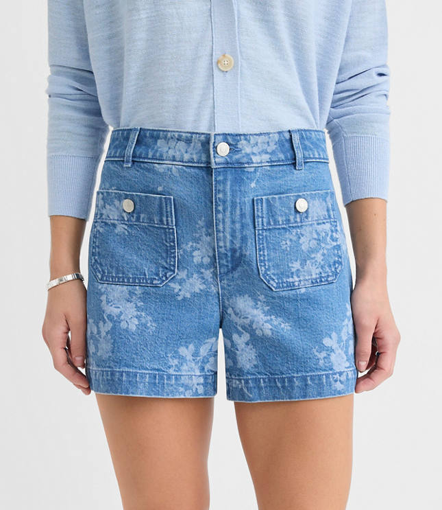 Petite Curvy Palmer Denim Shorts in Floral Classic Mid Wash carousel Product Image 1
