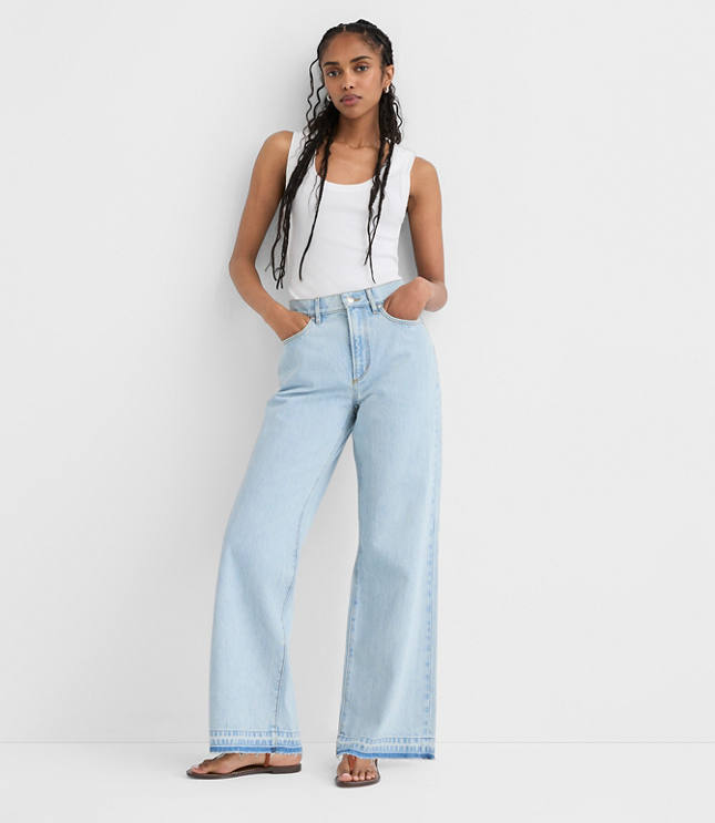 Rivete Petite Unpicked High Rise Wide Leg Jeans in Wave Wash