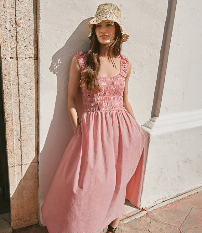 Petite Gingham Smocked Cap Sleeve Midi Pocket Dress