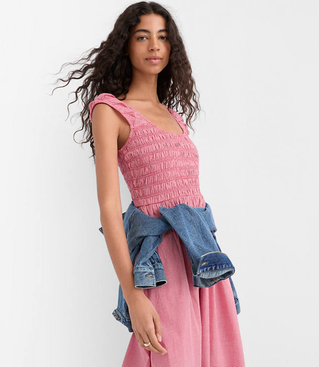 Petite Gingham Smocked Cap Sleeve Midi Pocket Dress