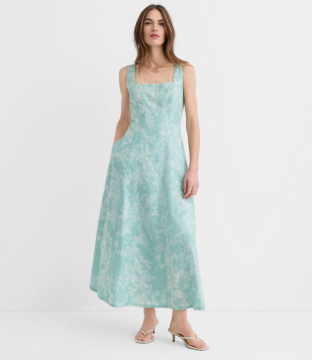 Petite Floral Toile Linen Cotton Seamed Midi Pocket Dress