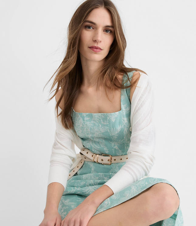 Petite Floral Toile Linen Cotton Seamed Midi Pocket Dress