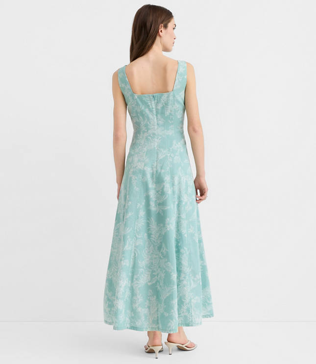 Petite Floral Toile Linen Cotton Seamed Midi Pocket Dress