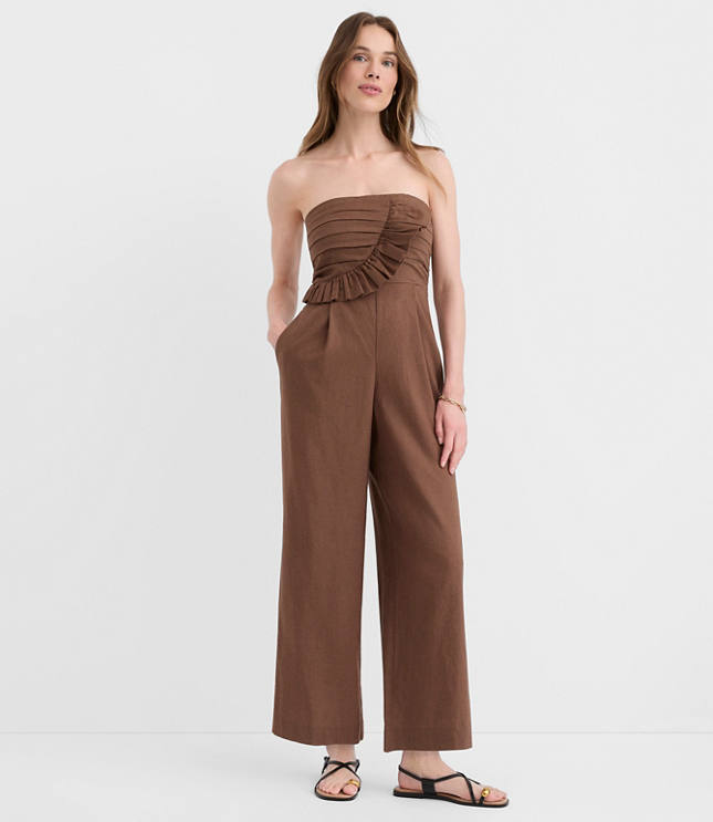 Petite Ruffled Ruched Linen Cotton Strapless Jumpsuit