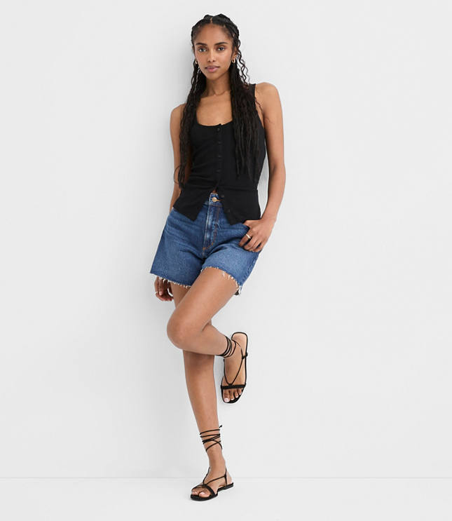 Rivete Petite Destructed High Rise Cut Off Denim Shorts in Dark Wash