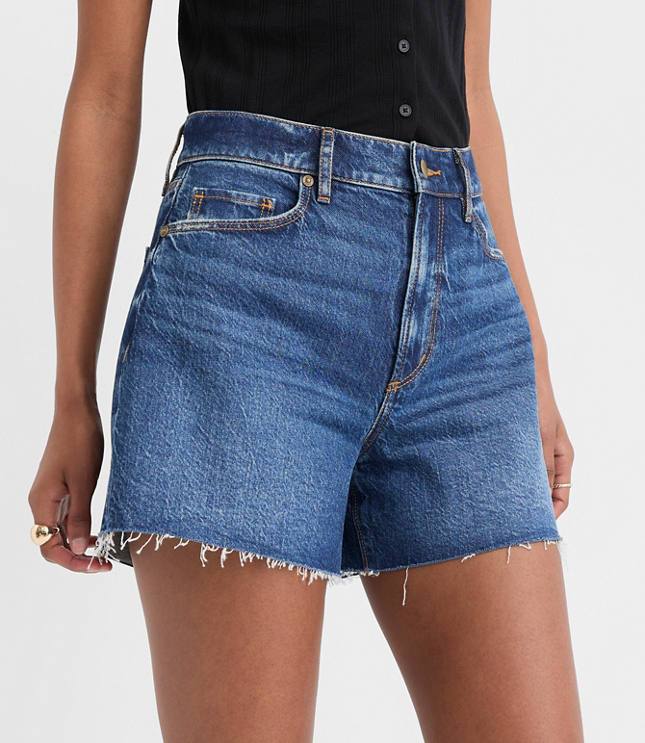Rivete Petite Destructed High Rise Cut Off Denim Shorts in Dark Wash
