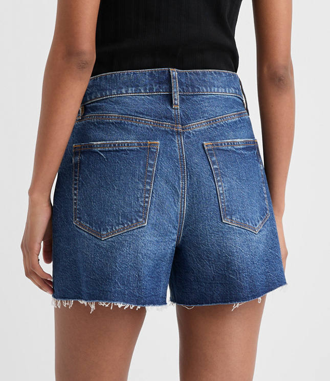 Rivete Petite Destructed High Rise Cut Off Denim Shorts in Dark Wash