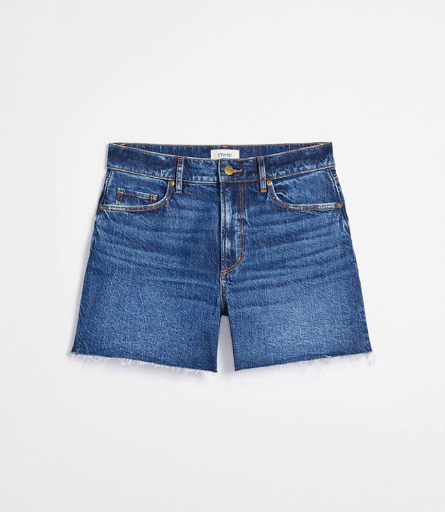Rivete Petite Destructed High Rise Cut Off Denim Shorts Dark Wash