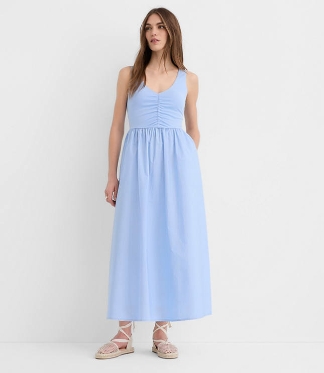 Tall Ruched Mixed Media Midi Pocket Dress
