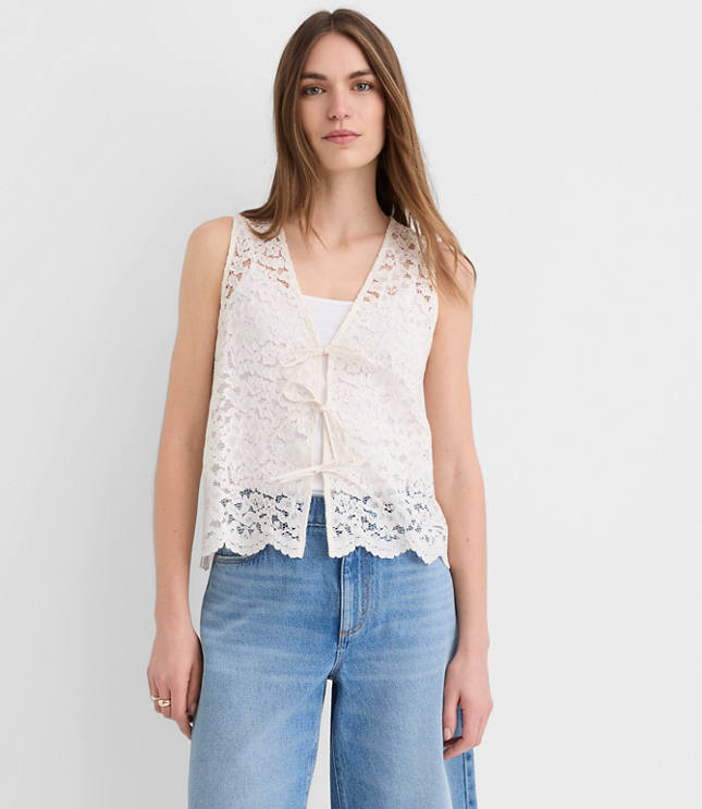 Scalloped Floral Lace Bow Vest