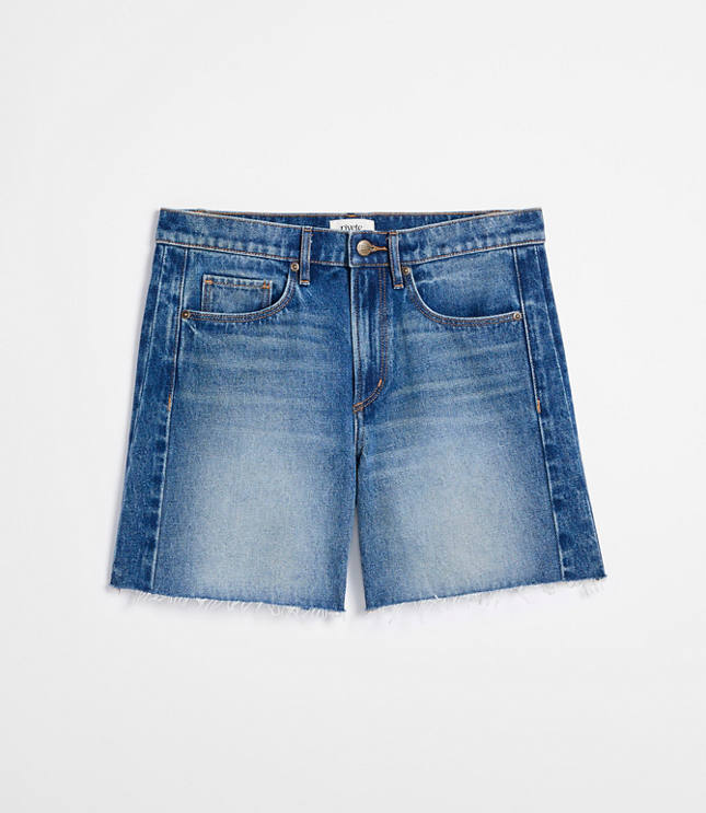 Rivete Petite Fresh Cut Seamed Boyfriend Shorts in Dark Wash